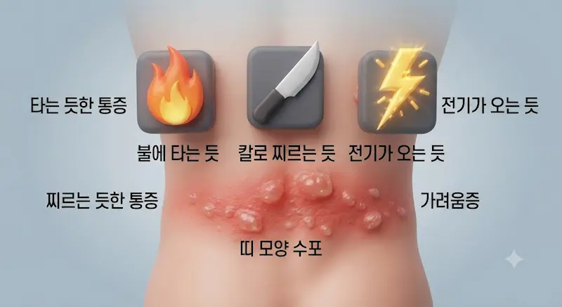 3D 인포그래픽으로 표현된 대상포진 증상. 사람의 몸통 모형에 허리띠 모양의 붉은 수포(띠 모양 수포)가 명확하게 보임. 수포 부위 위로 '불에 타는 듯', '칼로 찌르는 듯', '전기가 오는 듯'한 통증을 상징하는 3D 아이콘(불꽃, 칼, 전기 스파크)이 떠 있음.