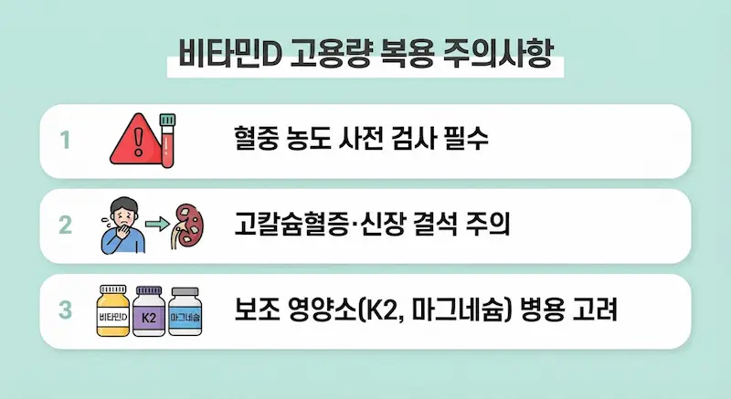 비타민D 고용량 복용 주의사항 및 보조 영양소 안내 인포그래픽