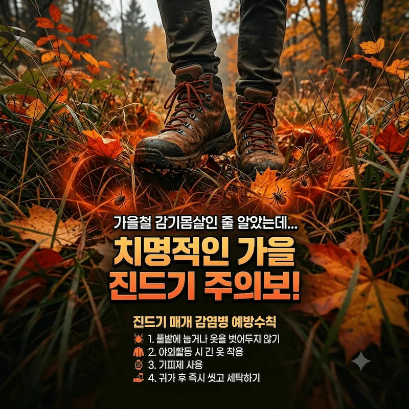 가을철 풀숲을 지나는 등산화 배경에 '가을철 감기몸살인 줄 알았는데... 치명적인 가을 진드기 주의보!' 한글 후킹 문구가 들어간 메인 커버 이미지