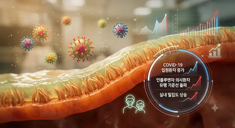 과학적인 분위기의 의료 실험실 배경에서 코 점막 단면 위로 stylized된 바이러스 입자들이 떠다니고, 옆으로 'COVID-19 입원환자 증가', '인플루엔자 의사환자 유행 기준선 돌파' 등의 그래프와 데이터가 한글로 표시된 현대적인 이미지.