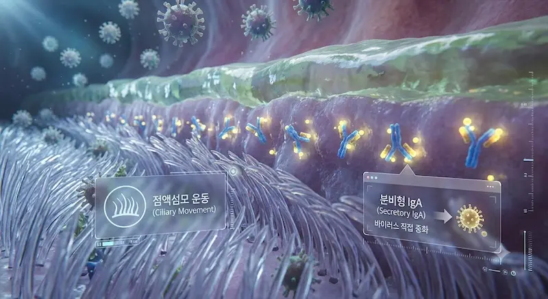 코 점막 내부를 정밀하게 포착한 마크로 이미지로, 수많은 섬모가 물결치듯 움직이며 바이러스 입자를 밖으로 밀어내고, 동시에 Y자 모양의 면역글로불린A 단백질들이 바이러스를 Neutralize하는 과학적인 시각화 이미지.