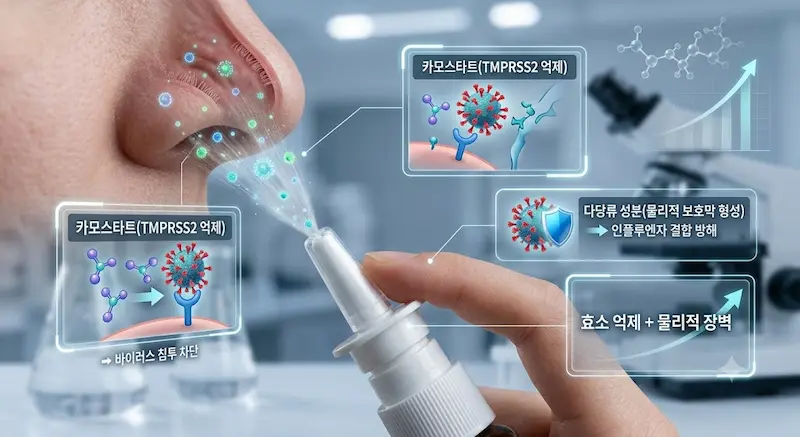 손으로 비강 스프레이를 사용하는 모습을 근접 촬영한 사진으로, 스프레이 노즐에서 미세한 미스트가 코안으로 분사되는 순간, 코 점막 표면에서 stylized된 분자들이 바이러스 침투를 막고(TMPRSS2 억제) 보호막을 형성하는 개념이 glowing UI로 표현된 이미지.