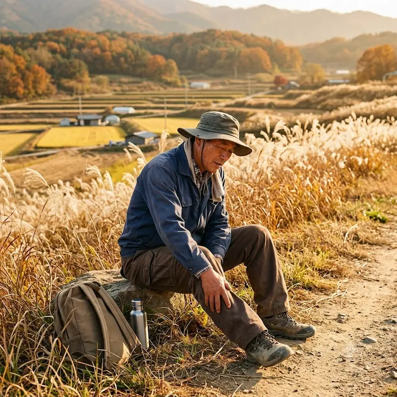 가을철 야외 농작업 및 벌초 활동 중 다리를 살피며 휴식을 취하는 중장년층의 모습
