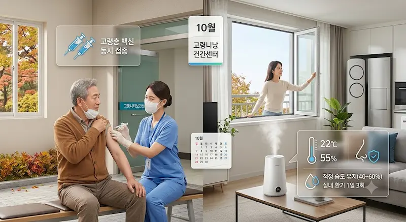 가을날, 보건소 앞에서 한 노인이 nurse에게 백신 접종을 받는 모습(동시 접종)과, 한 여성(30대)이 아파트 거실 창문을 열어 환기하며 가습기를 켜는 모습이 동시에 표현된 실용적인 일상 이미지. '적정 습도 유지(40~60%)', '실내 환기 1일 3회' 등의 한글 UI 텍스트 포함.