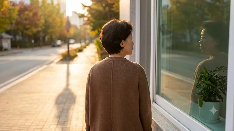 실내 자연광이 드는 창가에 서서 평화로운 가을 오후 풍경을 내다보고 있는 중년 여성의 뒷모습.