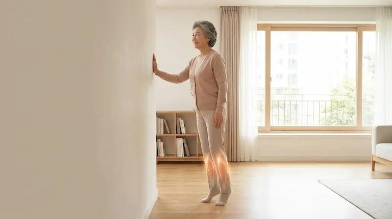 따뜻하고 밝은 한국 거실에서 시니어 여성이 벽을 한 손으로 잡고 안정적으로 서서 양발 뒤꿈치를 높이 들어 올리는 '카프 레이즈' 운동을 하고 있다. 그녀의 종아리 근육에 주황색 빛이 감돌며 운동 효과를 보여준다.
