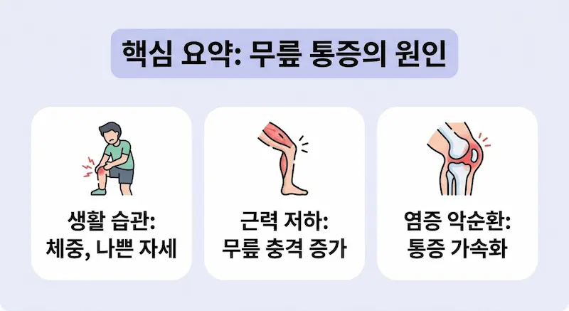 무릎 통증의 주요 원인인 나쁜 생활 습관, 근력 저하, 염증 악순환을 정리한 인포그래픽