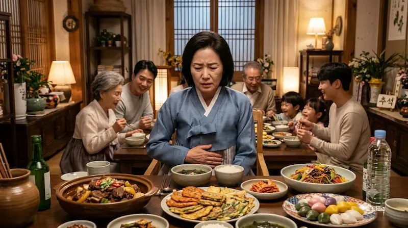 풍성한 추석 명절 밥상 앞에서 과식으로 인해 복부 팽만감과 속 쓰림을 느끼며 배를 만지고 있는 중년 인물의 모습.