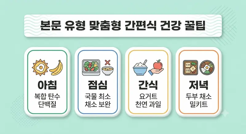 아침 단백질 보충, 점심 국물 최소화, 간식 요거트, 저녁 두부채소 밀키트 식단 가이드