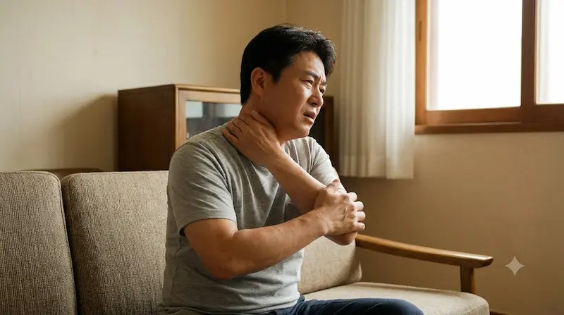한국의 평범한 아파트 거실 소파에 앉아 가려움으로 목과 팔을 문지르며 괴로워하는 50대 남성의 실사 사진. 창밖을 바라보며 지친 표정을 짓고 있다.