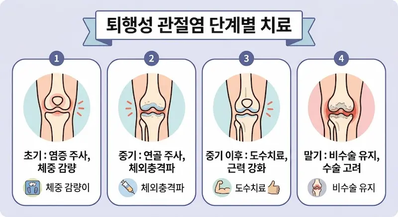 퇴행성 관절염 초기, 중기, 중기 이후, 말기 단계별 주요 증상과 치료 방법(주사, 충격파, 도수치료, 수술 고려) 비교도