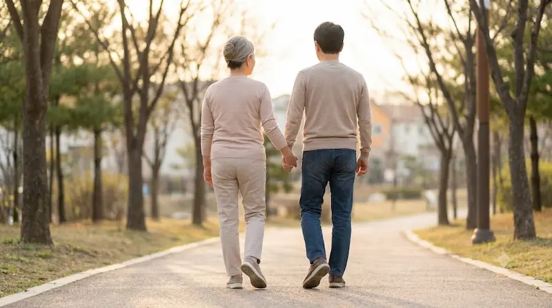 따뜻한 노을이 비치는 공원 산책로를 노부부가 다정하게 손잡고 걸어가며 건강을 챙기는 뒷모습 사진