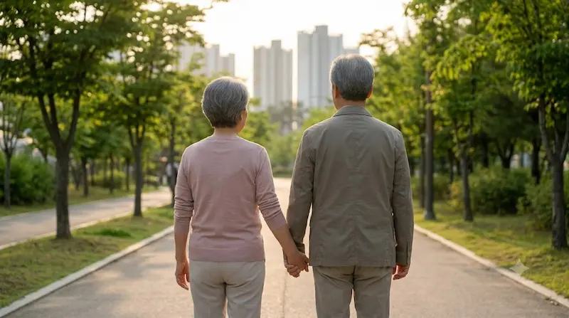 따뜻한 노을이 비치는 공원 산책로를 노부부가 다정하게 손잡고 걸어가는 뒷모습 실사 사진