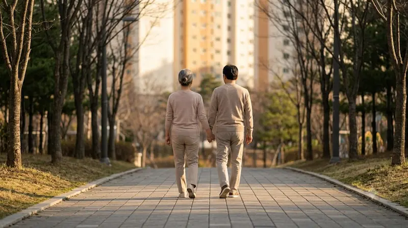 따뜻한 노을이 비치는 공원 산책로를 노부부가 다정하게 손잡고 걸어가며 체중 부하 운동을 실천하는 건강한 뒷모습 사진