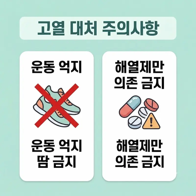 무리한 운동 금지, 해열제만 의존 금지, 3일 지속 시 병원 방문을 안내하는 주의사항 카드
