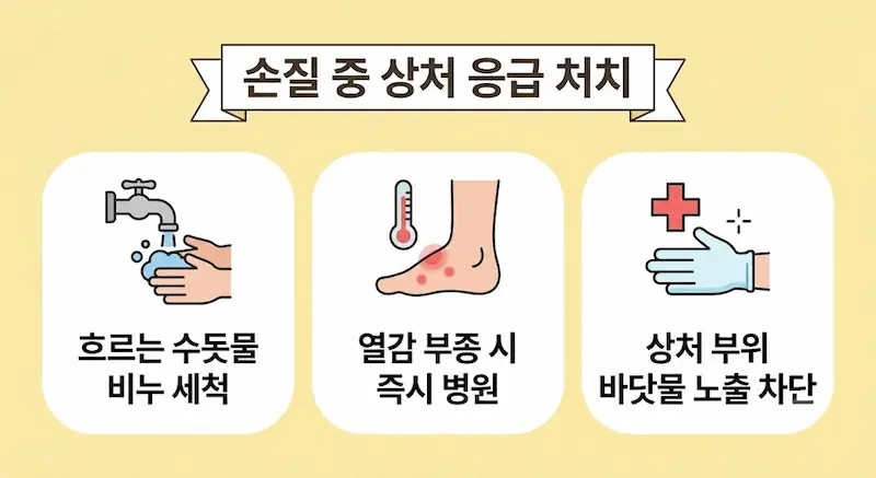새우 손질 중 가시에 찔린 상처 응급 처치법(수돗물 세척, 증상 시 병원 방문, 바닷물 차단) 인포그래픽