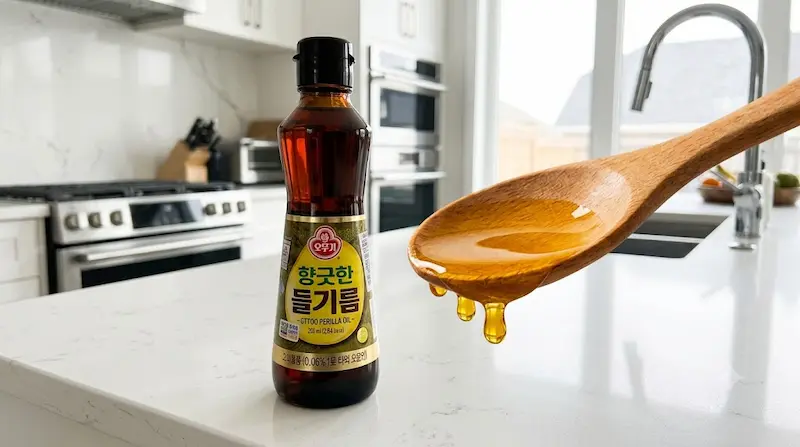 주방 조리대 위에 놓인 갈색 차광병에 든 신선한 들기름과 나무 숟가락