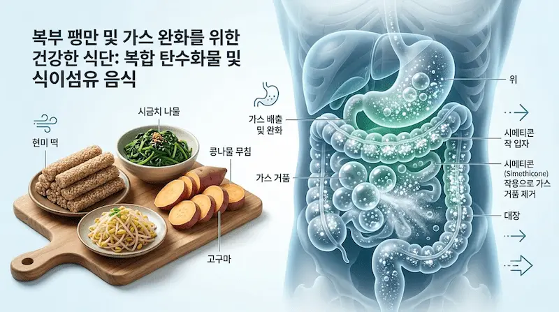 복부 팽만감을 유발하는 장내 가스 기포가 시메티콘 작용을 통해 신속히 제거되는 과정을 보여주는 투명 해부학적 시각화.
