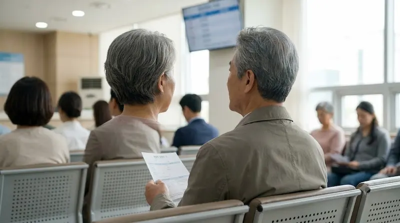 따뜻한 자연광이 비치는 병원 대기실에서 노인 환자가 진료 순서를 기다리며 창밖을 응시하는 뒷모습 사진