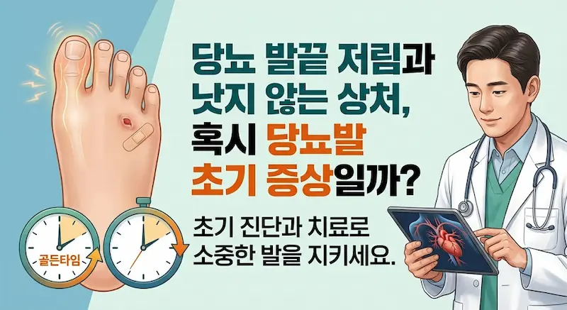 당뇨발 초기 증상을 경고하는 교육용 인포그래픽. 발 다이어그램과 의사, 골든타임 시계를 포함하여 한글로 "당뇨 발끝 저림과 낫지 않는 상처, 혹시 당뇨발 초기 증상일까?"라는 제목과 "초기 진단과 치료로 소중한 발을 지키세요."라는 문구가 적혀 있다.