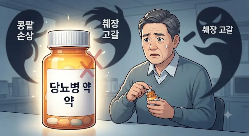 당뇨병 약물 치료를 주저하는 환자가 약병 주위에 떠다니는 '콩팥 손상', '췌장 고갈' 같은 잘못된 속설의 환영을 보며 불안해하는 모습.
