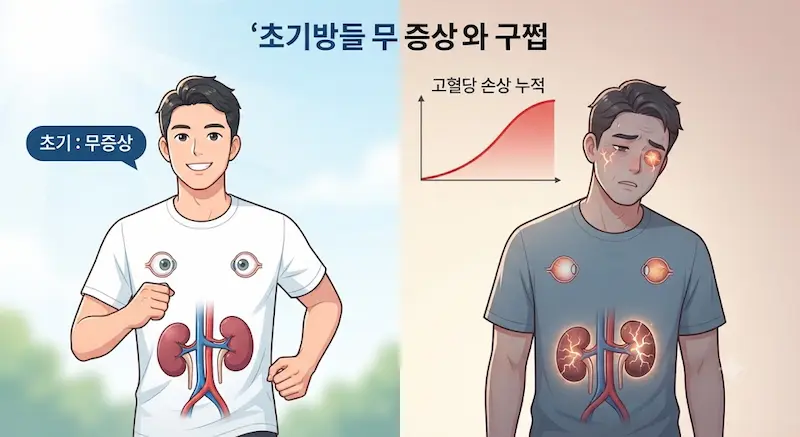 건강해 보이지만 초기 당뇨(무증상)인 남성을 기준으로, 시간이 지남에 따라 증상이 없어도 체내(눈, 콩팥, 혈관)에 손상이 누적되는 과정을 보여주는 인포그래픽.