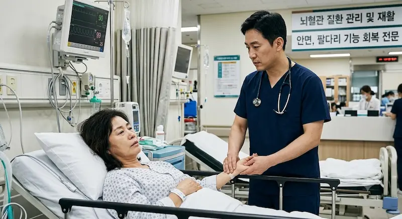 응급실 침대에 누워 있는 중년 여성의 손목을 잡고 상태를 확인하는 남자 의사. 의사는 professional 한 남색 수술복을 입고 있으며, 진지한 표정이다. 배경에 legibly 한 한글 간판 '뇌혈관 질환 관리 및 재활'과 '안면, 팔다리 기능 회복 전문'이 보인다.