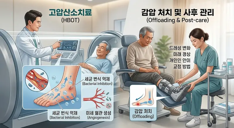 당뇨발의 두 가지 주요 치료법을 설명하는 이분할 다이어그램. 왼쪽은 스텐트를 사용하여 막힌 혈관을 넓히는 혈관개통술을, 오른쪽은 고압산소치료 챔버에서 고농도 산소가 조직에 공급되는 모습을 보여준다.