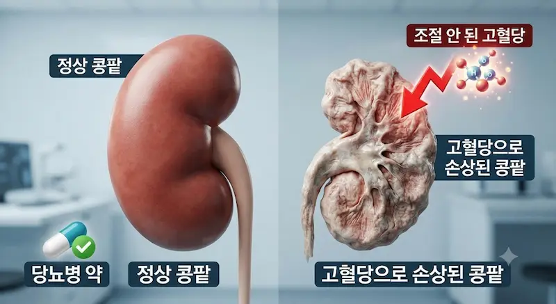 건강한 콩팥과 고혈당으로 인해 손상되어 거칠어진 콩팥의 실제 모습을 비교한 의학 이미지. 고혈당을 나타내는 포도당 분자 덩어리가 손상된 콩팥을 공격하는 화살표가 그려져 있다.