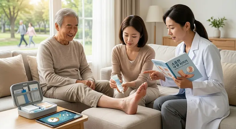 의료 클리닉에서 의료진이 환자의 발에 센서를 부착하고 혈류 데이터를 분석하는 사진. 진단 화면에는 혈관 상태를 보여주는 그래프와 데이터가 표시되어 있다.