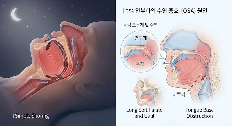 깨끗하고 정교한 의학 일러스트레이션 스타일로 비만 이외의 수면무호흡증 해부학적 원인을 분석한 다이어그램. 왼쪽은 늘어진 연구개(Soft Palate)와 목젖(Uvula)이 기도를 좁히고 막는 상태를 지시선과 깨끗한 한국어 레이블로 설명합니다. 오른쪽은 두꺼운 혀뿌리(Tongue Base)가 뒤로 밀려 기도를 막는 상태를 보여줍니다. 하단에는 마른 체형의 무턱 골격 구조 프로필을 통합하여 골격 구조가 혀뿌리 밀어냄에 미치는 연관성을 시각화했습니다.