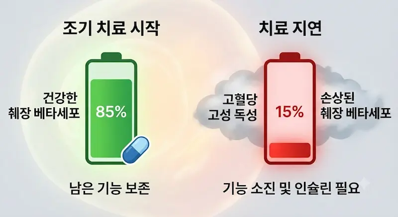췌장의 베타세포 기능을 배터리 잔량으로 비유한 인포그래픽. '조기 치료' 그룹은 약물의 도움을 받아 배터리가 85%로 유지되지만, '치료 지연' 그룹은 고혈당 독성으로 인해 배터리가 15%까지 고갈된 모습.