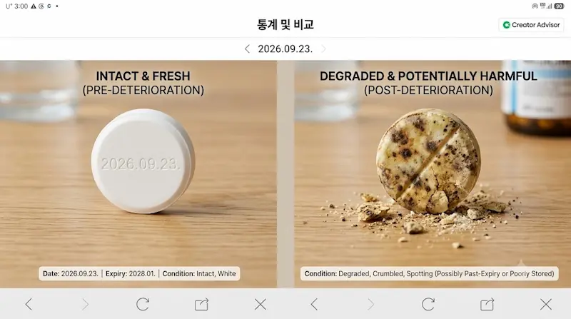 정상적인 하얀 알약과 변색 및 표면 가루가 일어난 변질 알약 비교
