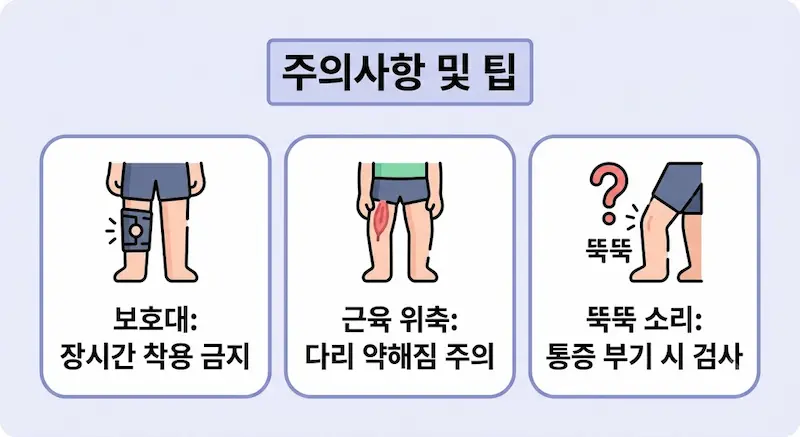 무릎 관절염 환자가 알아야 할 무릎 보호대 착용 주의사항, 근육 위축 위험, 무릎 마찰음(뚝뚝 소리) 대처법 인포그래픽