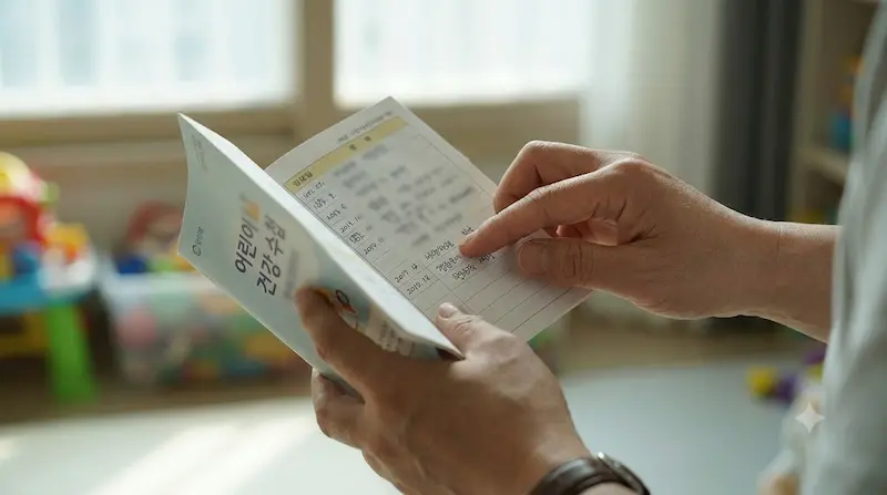 실내 자연광 아래에서 성인의 두 손이 어린이 건강 수첩을 조심스럽게 펼쳐 예방접종 기록 단락을 확인하고 있는 클로즈업 사실 사진.