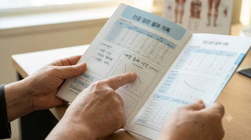 실내 자연광 병원 진료실에서 노년의 여성이 오른손으로 '대장 통과 시간 검사' 결과지의 방사선 표지자 X선 사진 부위를 지그시 가리키며 꼼꼼히 살피는 모습을 가까이서 포착한 사진.