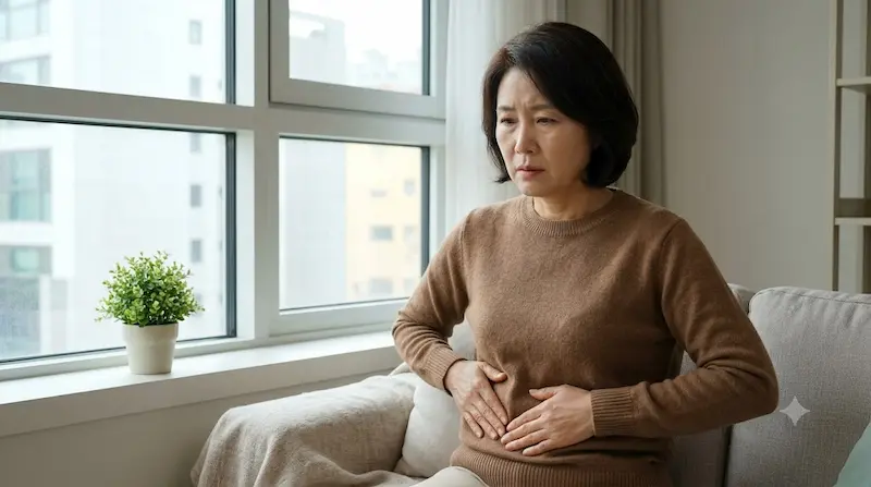 실내 자연광 창가 소파에 앉은 중년 여성이 걱정스러운 표정으로 오른손으로 아랫배 부위를 지그시 누르며 증상을 살피는 사실적인 사진.