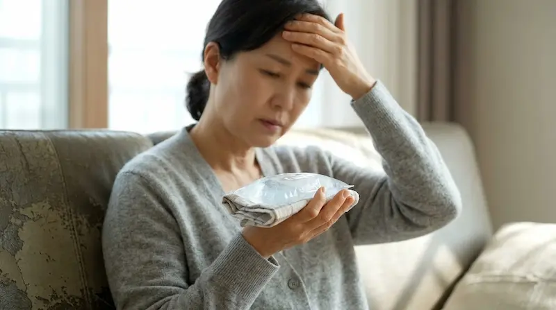 실내 거실 소파에 앉은 중년 여성이 걱정스러운 표정으로 눈에 천으로 감싼 냉찜질 팩을 대고 있는 사실적인 생활 사진.