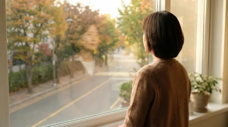 실내 자연광이 드는 창가에 서서 평화로운 가을 오후 풍경을 내다보고 있는 중년 여성의 뒷모습.