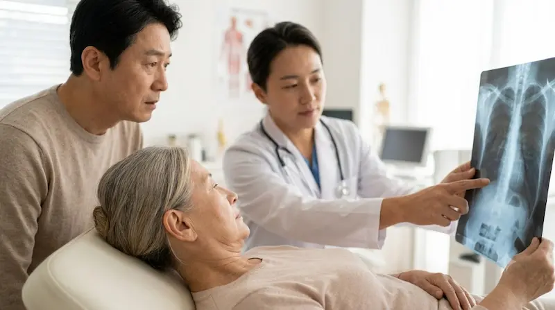 깨끗한 병원 진료실에서 의사가 노인 환자에게 척추 X-ray 사진을 보여주며 골밀도에 대해 설명하는 실사 사진