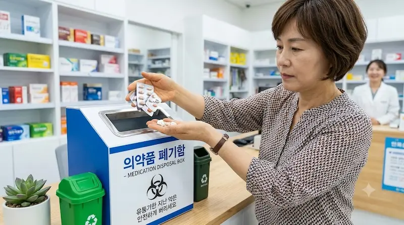 약국에 비치된 폐의약품 수거함에 오래된 약을 안전하게 배출하는 모습