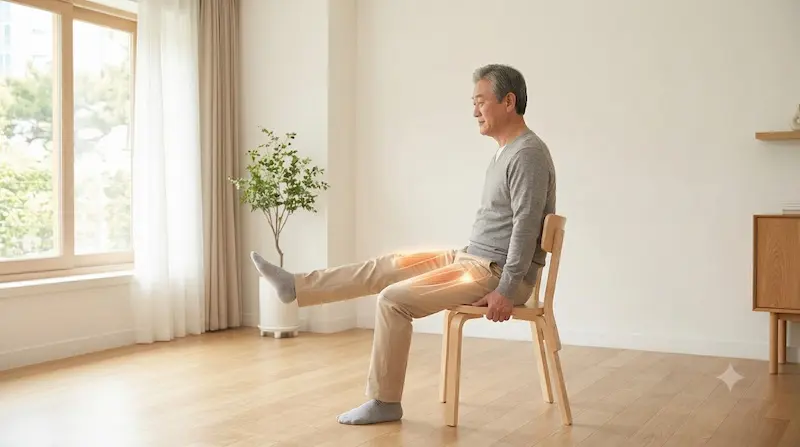 따뜻하고 밝은 한국 거실에서 시니어 남성이 튼튼한 목재 의자에 앉아 한쪽 다리를 앞으로 곧게 뻗는 '앉아서 무릎 신전' 운동을 하고 있다. 그의 허벅지 앞쪽 근육에 주황색 빛이 감돌며 운동 효과를 보여준다.