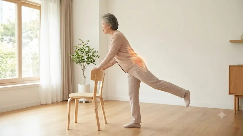 따뜻한 한국 거실에서 시니어 여성이 튼튼한 목재 의자를 잡고 서서 한쪽 다리를 뒤로 곧게 뻗는 '스탠딩 킥 백' 운동을 하고 있다. 그녀의 엉덩이와 등 근육에 주황색 빛이 감돌며 운동 효과를 보여준다.