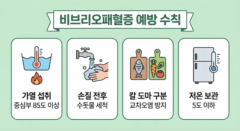 비브리오패혈증 예방 4대 수칙(가열 섭취, 수돗물 세척, 조리도구 구분, 저온 보관) 인포그래픽