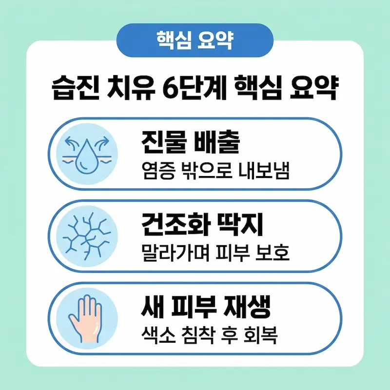 진물 배출, 건조화 딱지 형성, 새 피부 재생 습진 치유 핵심 요약 인포그래픽