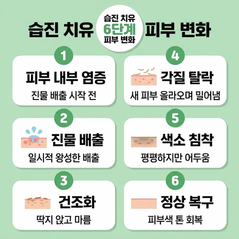 피부 내부 염증부터 진물 배출, 건조화, 각질 탈락, 색소 침착, 정상 복구까지 습진 6단계 변화 과정도