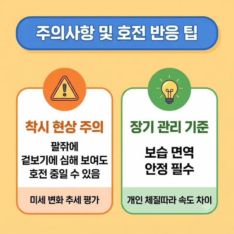 겉보기에 악화되어 보이는 착시 현상 주의 및 보습 면역 안정 장기 관리 기준 인포그래픽