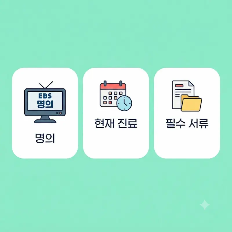 EBS 명의, 현재 진료, 필수 서류 항목을 요약한 인포그래픽