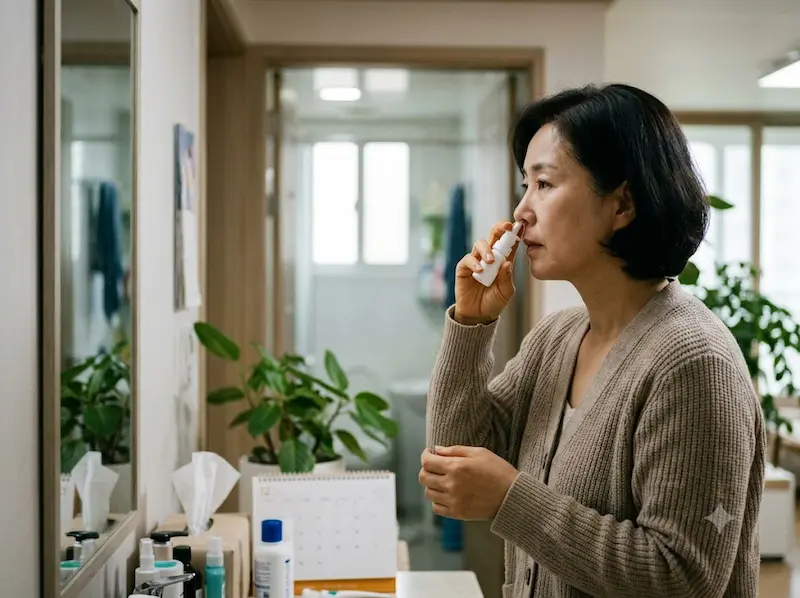 아파트 거실에서 한 중년 여성이 거울을 보며 처방받은 비강 분무 스프레이를 조심스럽게 코에 주입하고 있는 일상적인 관리 모습을 포착한 사실적인 생활 사진.