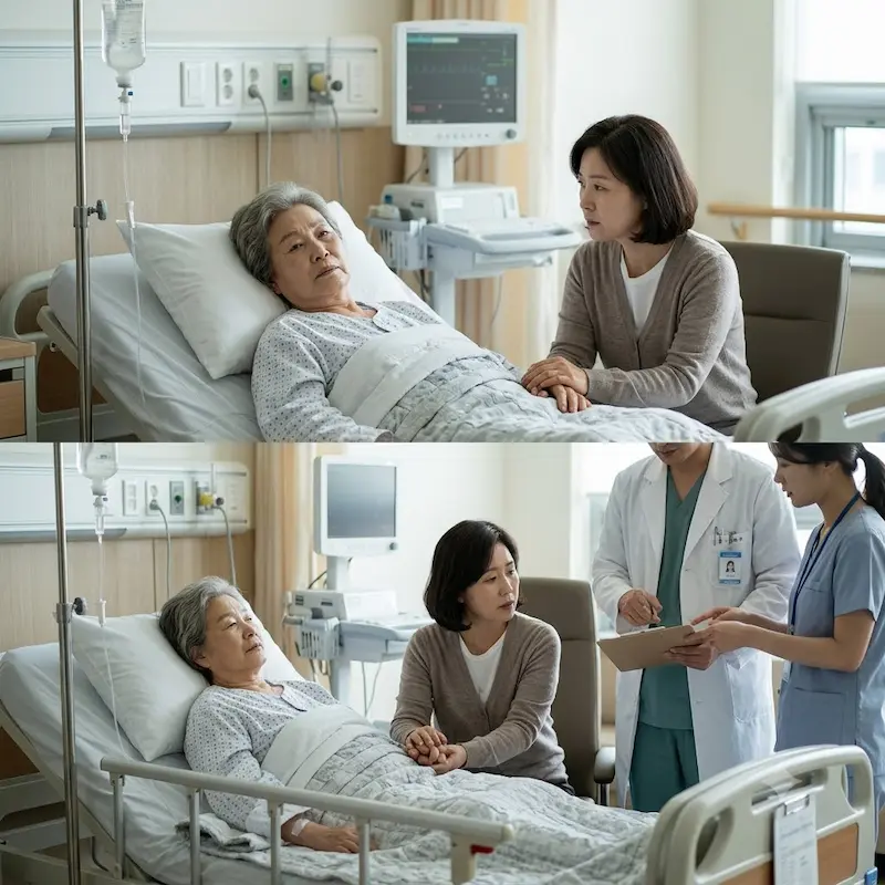 병실 침대에 누워 있는 고령의 어머니와 그 곁에서 손을 잡고 있는 딸, 그리고 이들에게 차트를 보며 다각적인 치료 계획을 설명하는 의사와 간호사의 따뜻하고 진중한 진료 상황을 담은 일상적인 병원 사진.